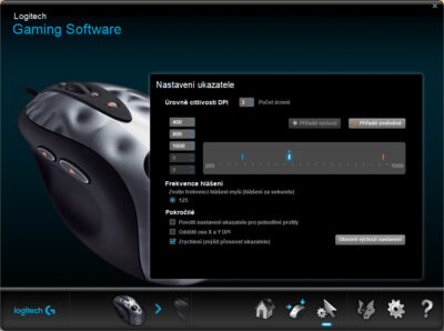 Citlivost (DPI) a frekvence hlášení Logitech MX518 (2005) v programu Logitech Gaming Software