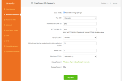 Tenda TX3 - nastavení internetu (příklad O2)