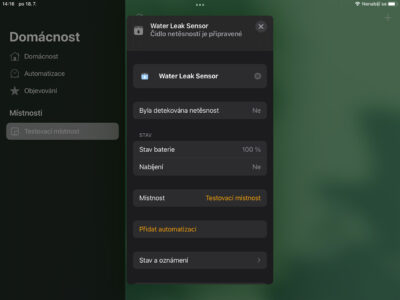 Aqara Water Leak Sensor v aplikaci Domácnost Apple (HomeKit)
